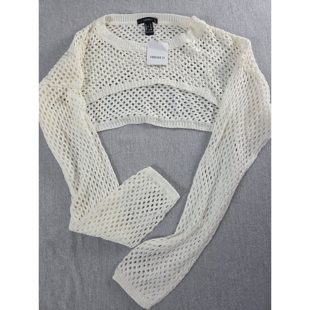 Forever 21 Sweater XL Fishnet Crochet Shrug Micro Crop Top Long Sleeve Boho NEW